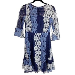 NEW Eva Franco Long Bell Sleeve Blue Lace Fit & Flare Knee Length Dress Women 6